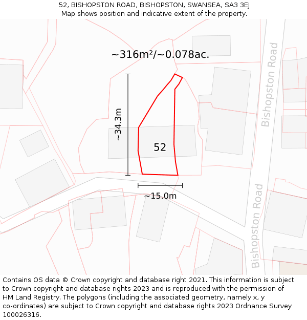 52, BISHOPSTON ROAD, BISHOPSTON, SWANSEA, SA3 3EJ: Plot and title map