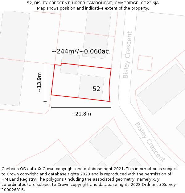 52, BISLEY CRESCENT, UPPER CAMBOURNE, CAMBRIDGE, CB23 6JA: Plot and title map