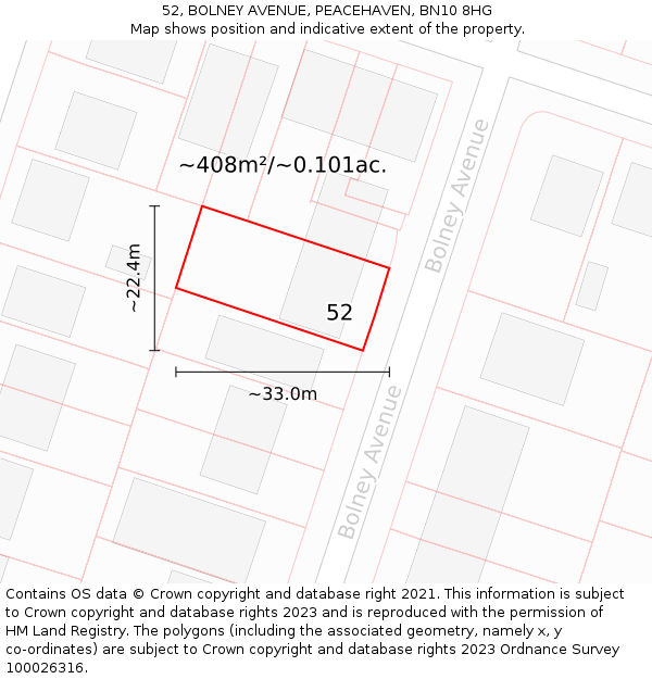 52, BOLNEY AVENUE, PEACEHAVEN, BN10 8HG: Plot and title map