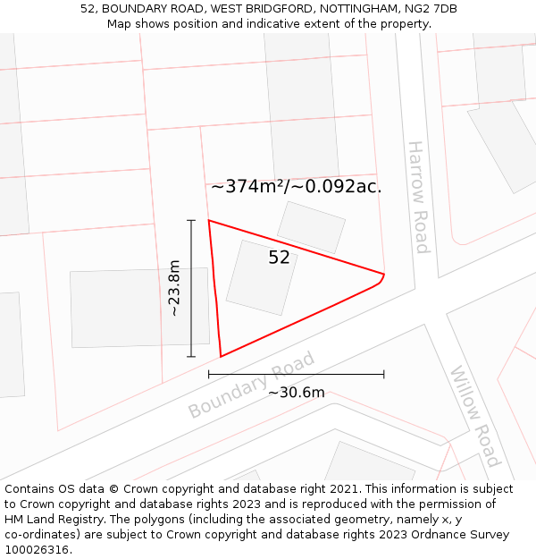 52, BOUNDARY ROAD, WEST BRIDGFORD, NOTTINGHAM, NG2 7DB: Plot and title map