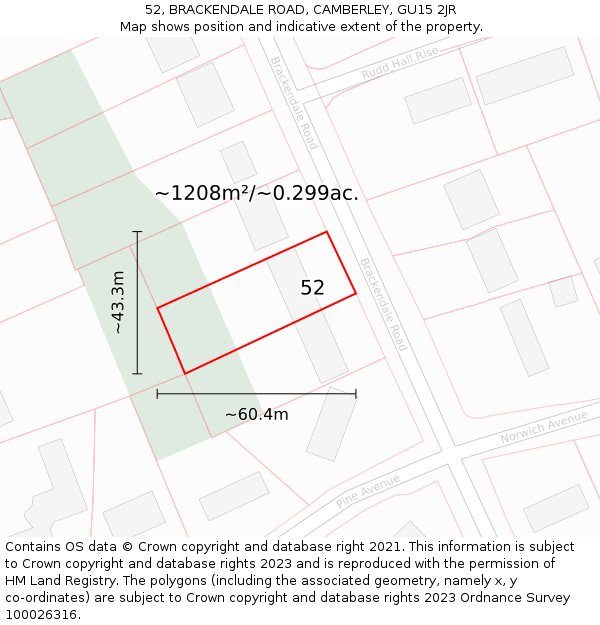 52, BRACKENDALE ROAD, CAMBERLEY, GU15 2JR: Plot and title map