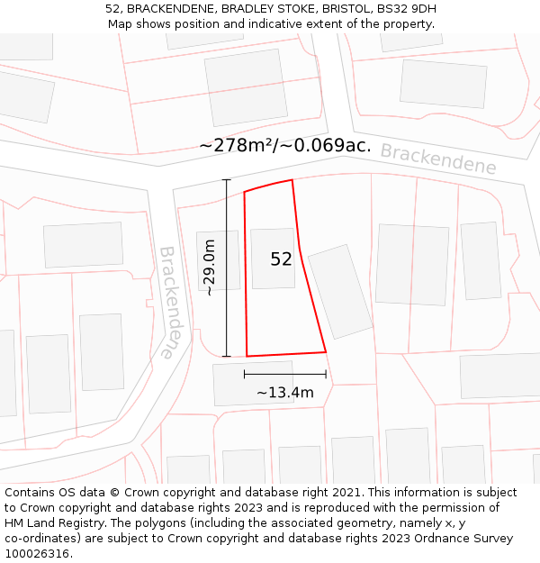 52, BRACKENDENE, BRADLEY STOKE, BRISTOL, BS32 9DH: Plot and title map