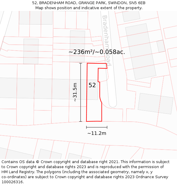 52, BRADENHAM ROAD, GRANGE PARK, SWINDON, SN5 6EB: Plot and title map