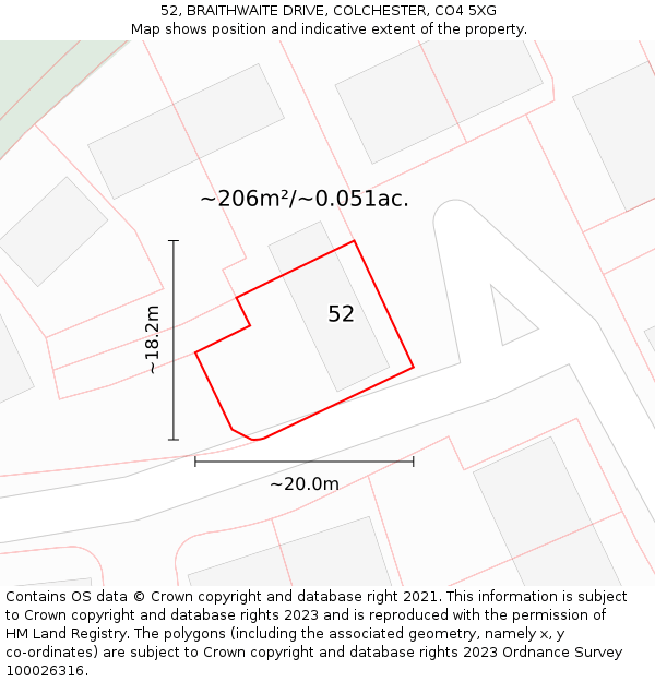 52, BRAITHWAITE DRIVE, COLCHESTER, CO4 5XG: Plot and title map