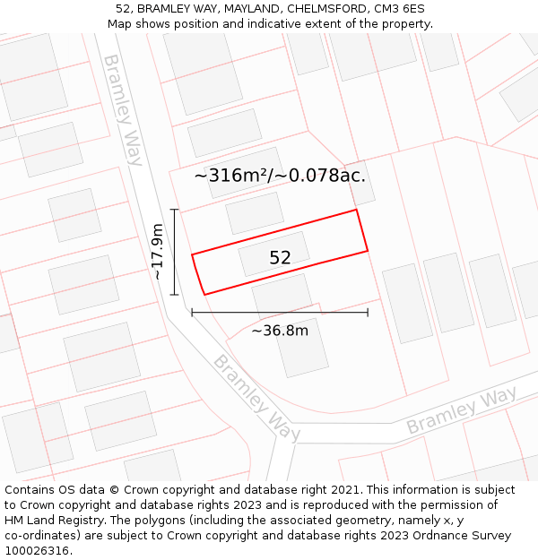 52, BRAMLEY WAY, MAYLAND, CHELMSFORD, CM3 6ES: Plot and title map