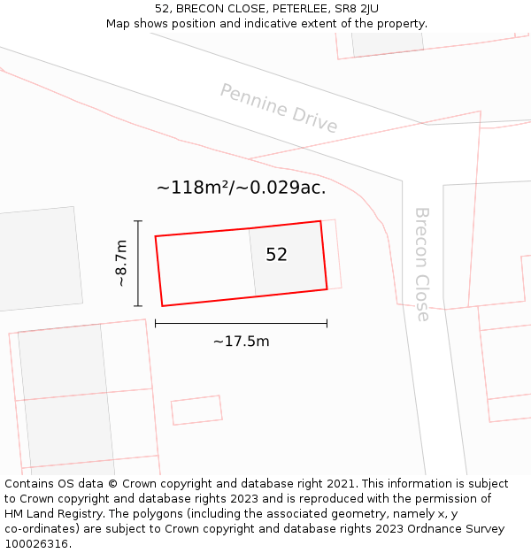 52, BRECON CLOSE, PETERLEE, SR8 2JU: Plot and title map