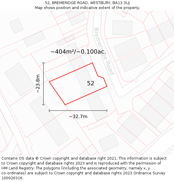 52, BREMERIDGE ROAD, WESTBURY, BA13 3UJ: Plot and title map