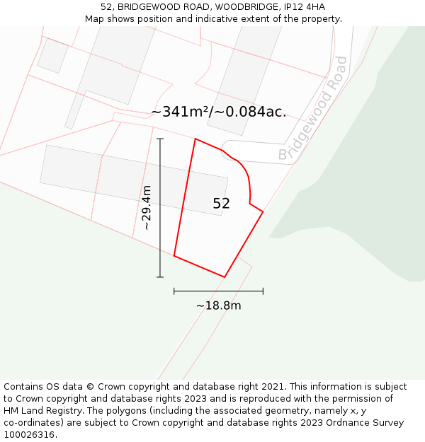 52, BRIDGEWOOD ROAD, WOODBRIDGE, IP12 4HA: Plot and title map