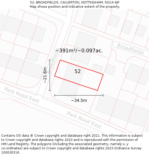 52, BROADFIELDS, CALVERTON, NOTTINGHAM, NG14 6JP: Plot and title map