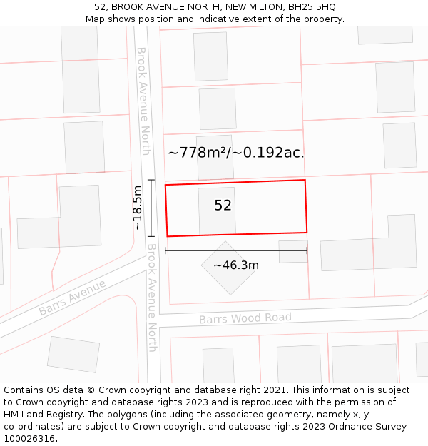 52, BROOK AVENUE NORTH, NEW MILTON, BH25 5HQ: Plot and title map