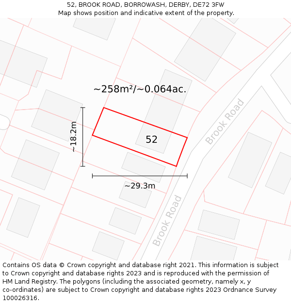 52, BROOK ROAD, BORROWASH, DERBY, DE72 3FW: Plot and title map