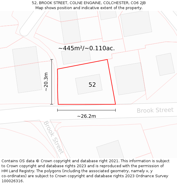 52, BROOK STREET, COLNE ENGAINE, COLCHESTER, CO6 2JB: Plot and title map