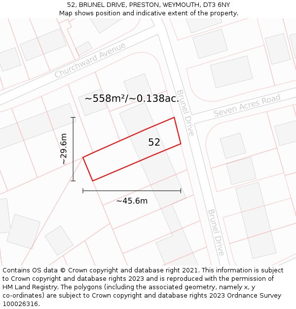 52, BRUNEL DRIVE, PRESTON, WEYMOUTH, DT3 6NY: Plot and title map