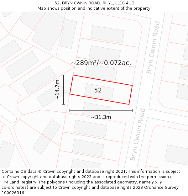 52, BRYN CWNIN ROAD, RHYL, LL18 4UB: Plot and title map