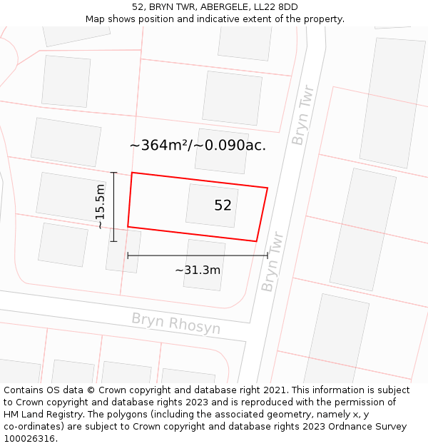 52, BRYN TWR, ABERGELE, LL22 8DD: Plot and title map