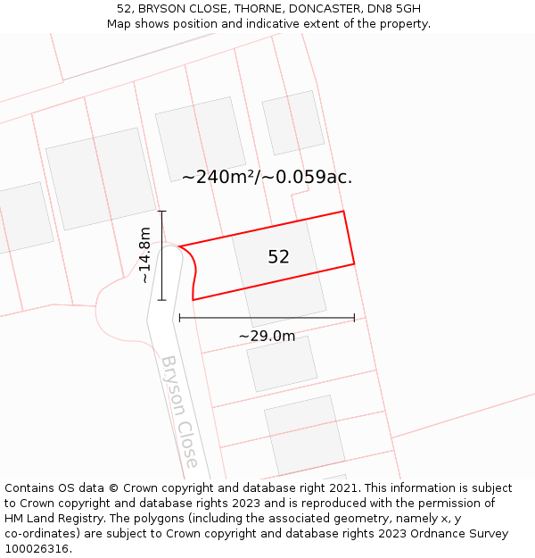 52, BRYSON CLOSE, THORNE, DONCASTER, DN8 5GH: Plot and title map