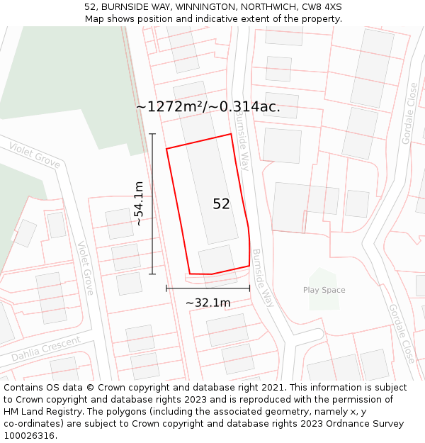 52, BURNSIDE WAY, WINNINGTON, NORTHWICH, CW8 4XS: Plot and title map