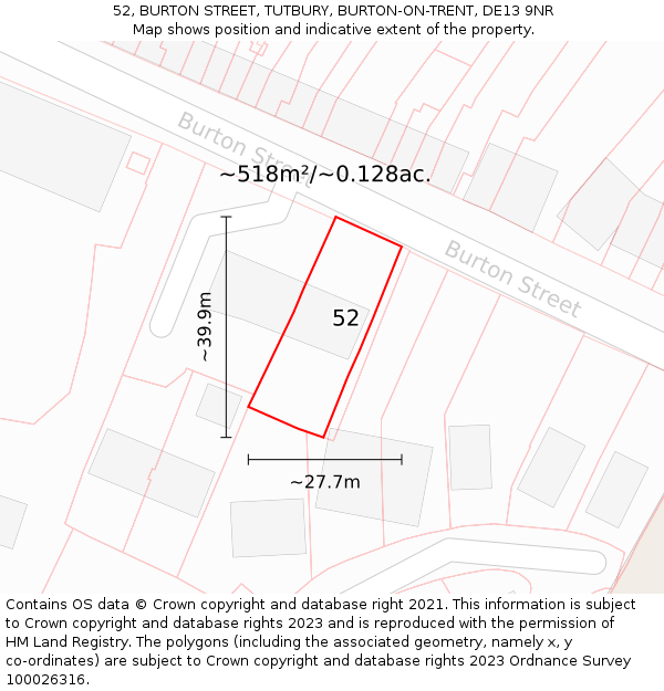 52, BURTON STREET, TUTBURY, BURTON-ON-TRENT, DE13 9NR: Plot and title map