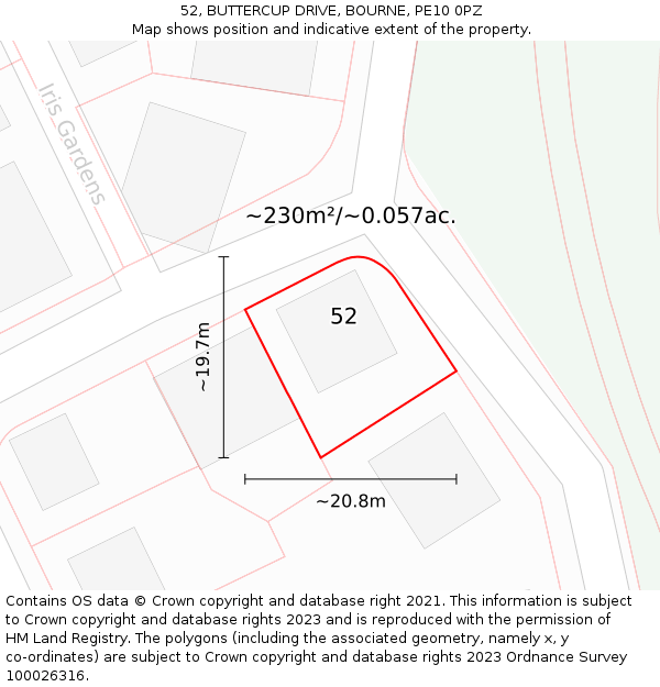 52, BUTTERCUP DRIVE, BOURNE, PE10 0PZ: Plot and title map