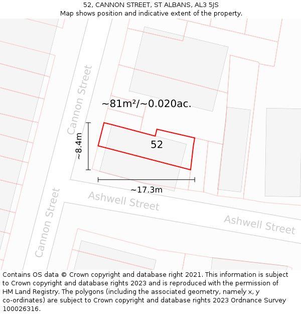 52, CANNON STREET, ST ALBANS, AL3 5JS: Plot and title map