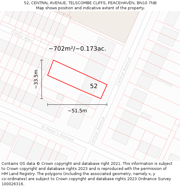 52, CENTRAL AVENUE, TELSCOMBE CLIFFS, PEACEHAVEN, BN10 7NB: Plot and title map