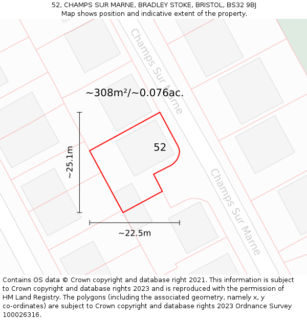 52, CHAMPS SUR MARNE, BRADLEY STOKE, BRISTOL, BS32 9BJ: Plot and title map