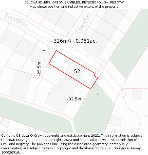 52, CHANDLERS, ORTON BRIMBLES, PETERBOROUGH, PE2 5YW: Plot and title map