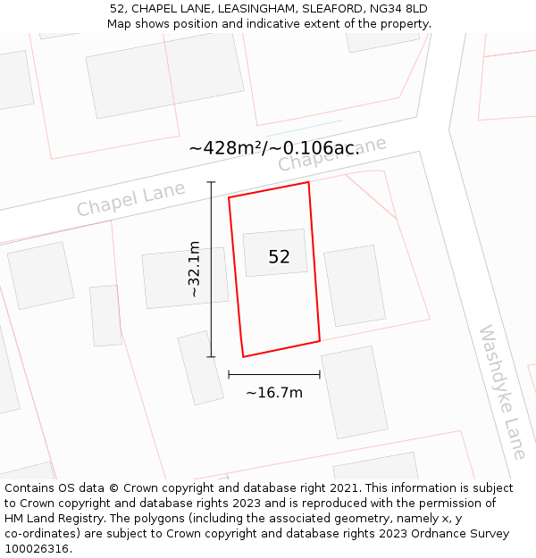 52, CHAPEL LANE, LEASINGHAM, SLEAFORD, NG34 8LD: Plot and title map