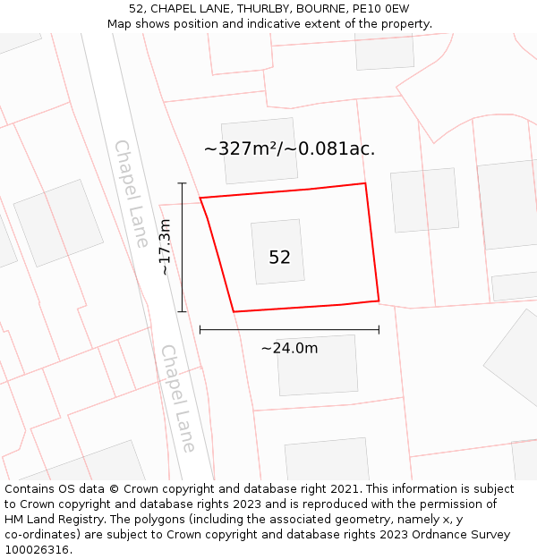 52, CHAPEL LANE, THURLBY, BOURNE, PE10 0EW: Plot and title map