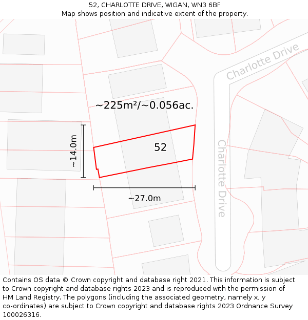 52, CHARLOTTE DRIVE, WIGAN, WN3 6BF: Plot and title map