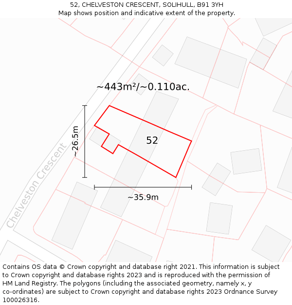 52, CHELVESTON CRESCENT, SOLIHULL, B91 3YH: Plot and title map