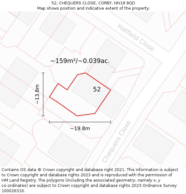 52, CHEQUERS CLOSE, CORBY, NN18 8QD: Plot and title map