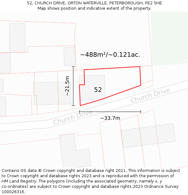 52, CHURCH DRIVE, ORTON WATERVILLE, PETERBOROUGH, PE2 5HE: Plot and title map