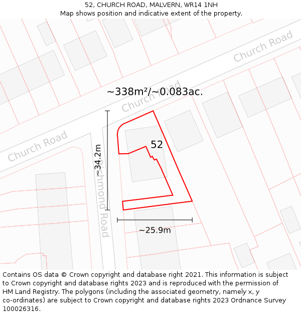 52, CHURCH ROAD, MALVERN, WR14 1NH: Plot and title map