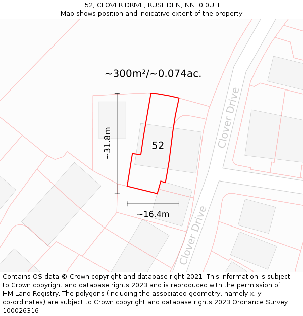 52, CLOVER DRIVE, RUSHDEN, NN10 0UH: Plot and title map