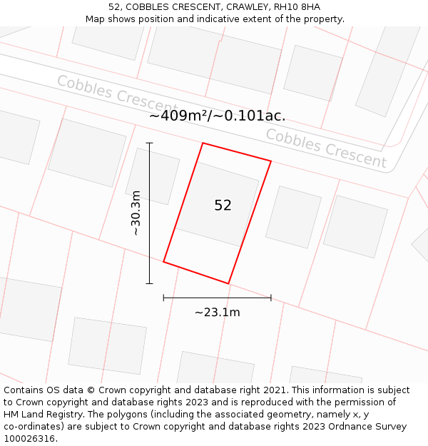 52, COBBLES CRESCENT, CRAWLEY, RH10 8HA: Plot and title map