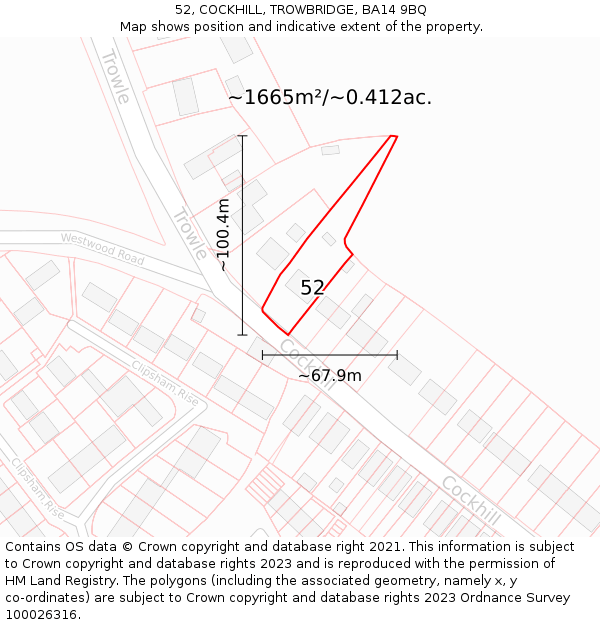 52, COCKHILL, TROWBRIDGE, BA14 9BQ: Plot and title map