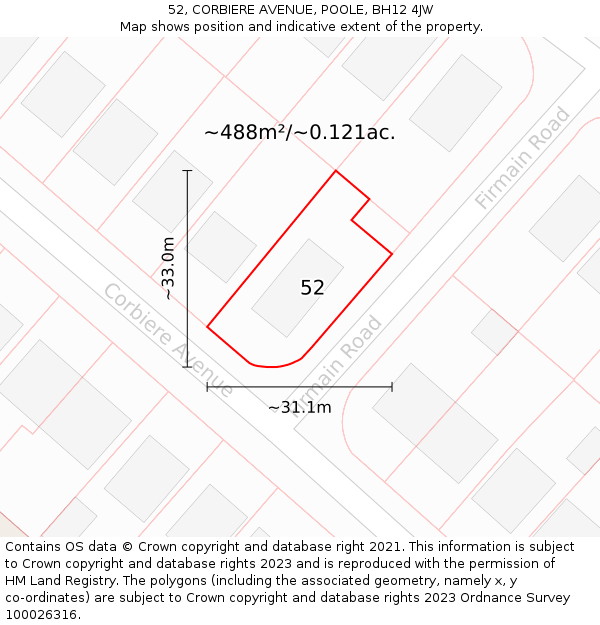 52, CORBIERE AVENUE, POOLE, BH12 4JW: Plot and title map