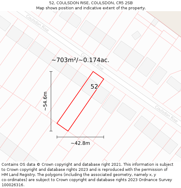 52, COULSDON RISE, COULSDON, CR5 2SB: Plot and title map