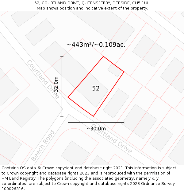 52, COURTLAND DRIVE, QUEENSFERRY, DEESIDE, CH5 1UH: Plot and title map