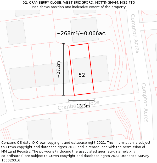 52, CRANBERRY CLOSE, WEST BRIDGFORD, NOTTINGHAM, NG2 7TQ: Plot and title map