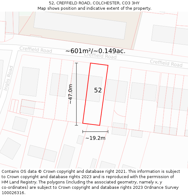 52, CREFFIELD ROAD, COLCHESTER, CO3 3HY: Plot and title map