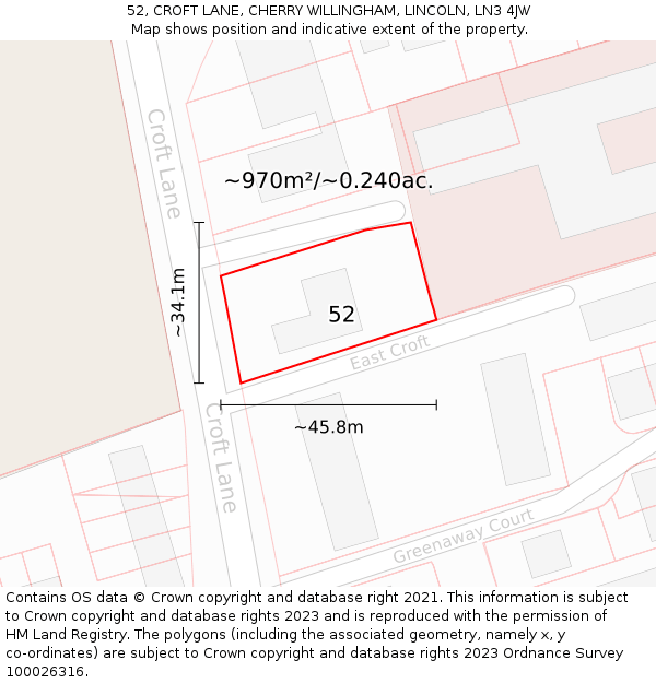 52, CROFT LANE, CHERRY WILLINGHAM, LINCOLN, LN3 4JW: Plot and title map