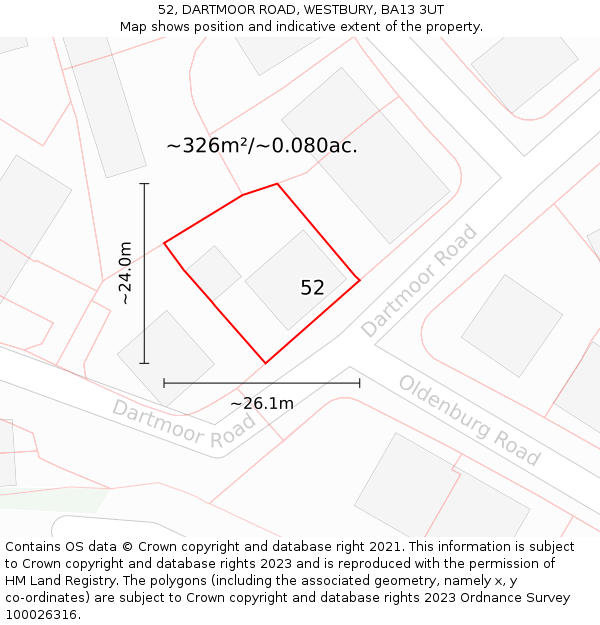 52, DARTMOOR ROAD, WESTBURY, BA13 3UT: Plot and title map