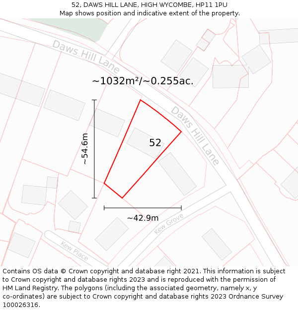 52, DAWS HILL LANE, HIGH WYCOMBE, HP11 1PU: Plot and title map