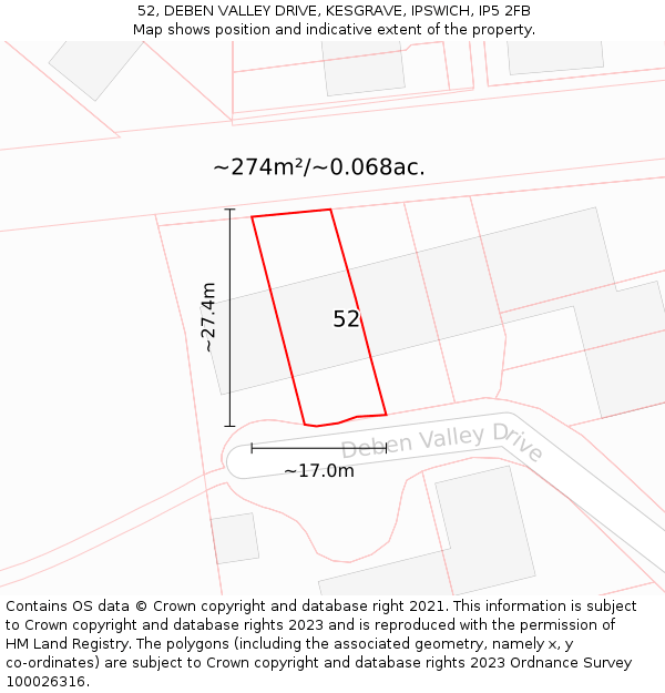 52, DEBEN VALLEY DRIVE, KESGRAVE, IPSWICH, IP5 2FB: Plot and title map