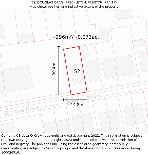 52, DOUGLAS DRIVE, FRECKLETON, PRESTON, PR4 1RY: Plot and title map