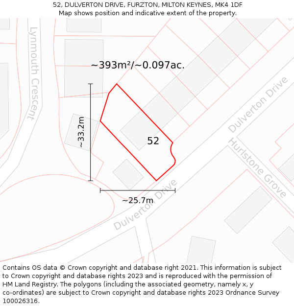 52, DULVERTON DRIVE, FURZTON, MILTON KEYNES, MK4 1DF: Plot and title map