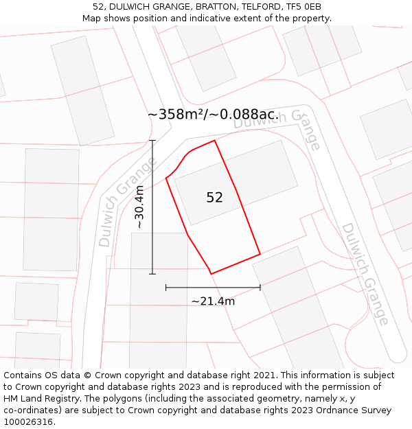 52, DULWICH GRANGE, BRATTON, TELFORD, TF5 0EB: Plot and title map
