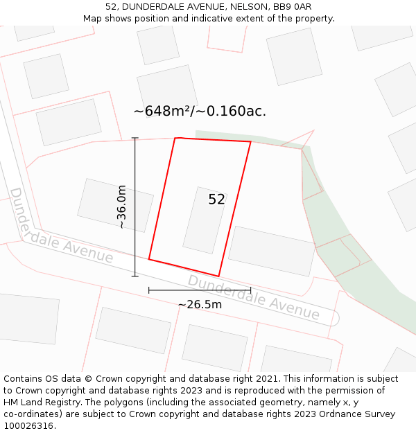 52, DUNDERDALE AVENUE, NELSON, BB9 0AR: Plot and title map